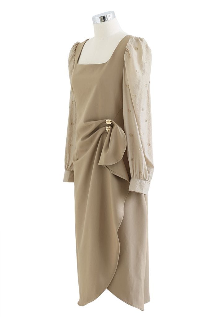 SouthernPosh Buttoned Ruched Waist Asymmetric Midi Dress
